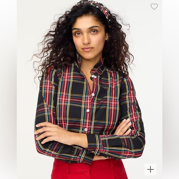 J. Crew Tartan ruffle button-up shirt with jeweled buttons - Picture 1 of 5